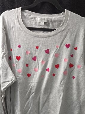 J. Crew Light Gray Long Sleeve Top with Red & Pink Heart Embroidery